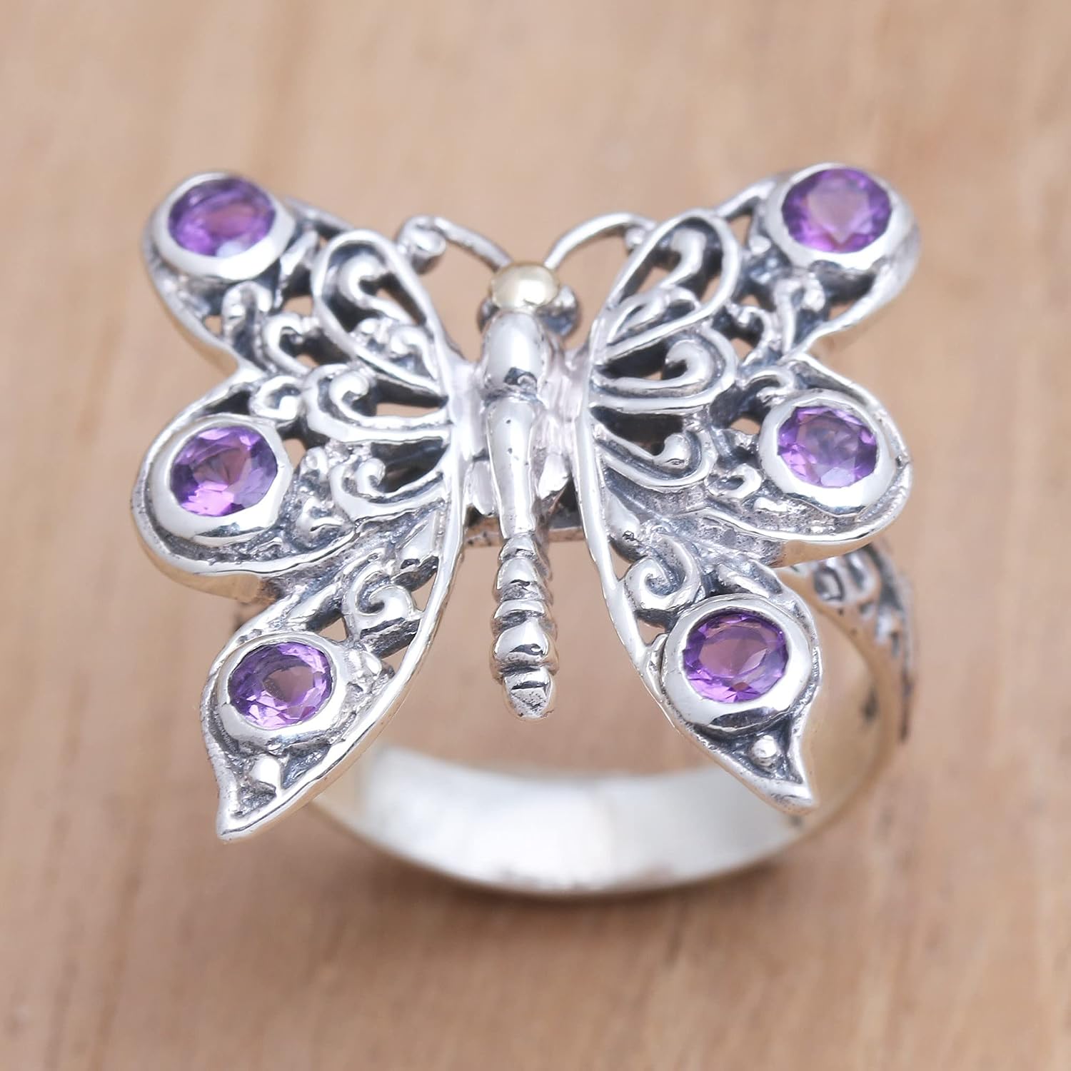 NOVICA Artisan Handmade Amethyst Cocktail Ring .925 Sterling Silver Butterfly Indonesia Animal Themed Gemstone Birthstone Bug Butterflybutterfly 'Purple Monarch'
