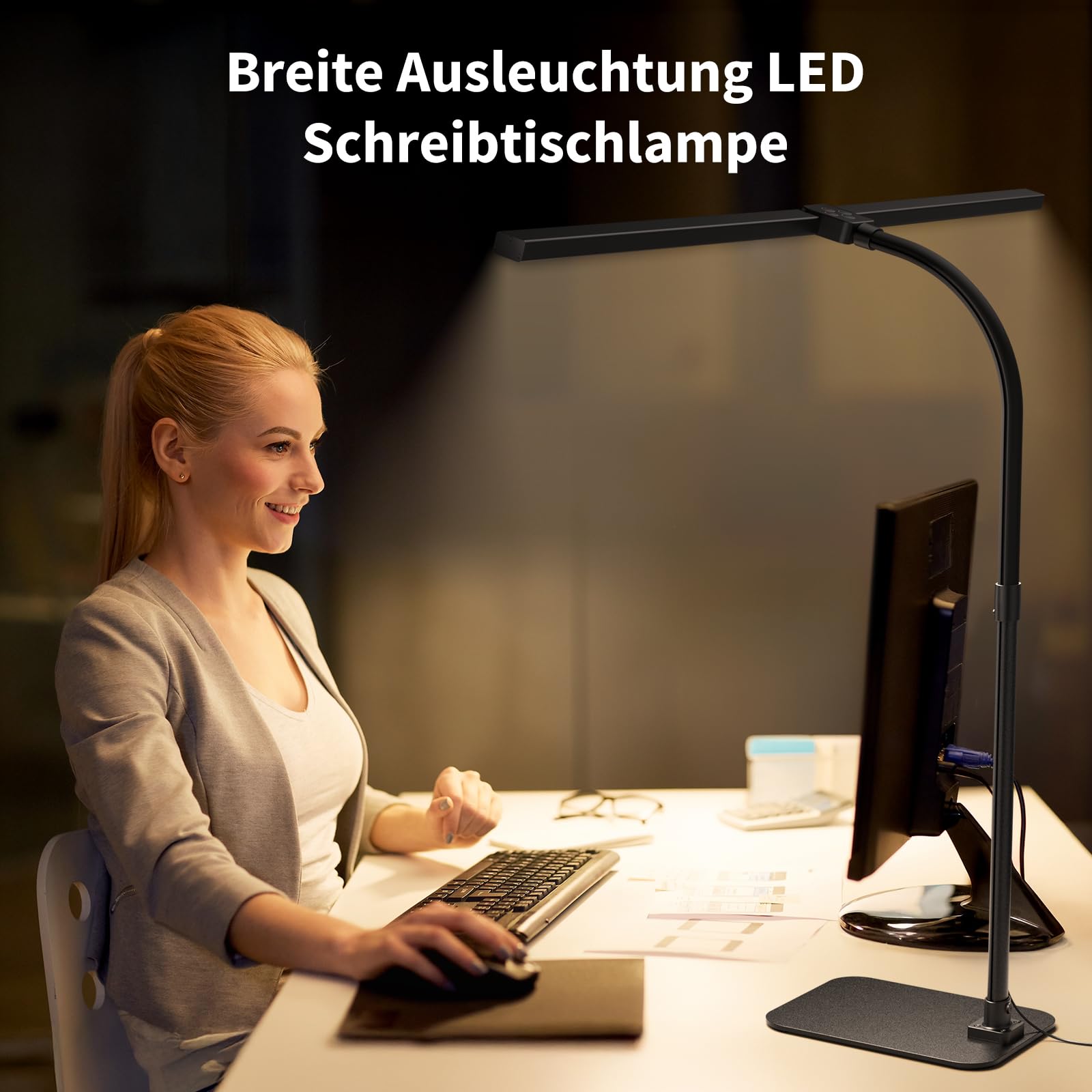 Doppelkopf Schreibtischlampe LED dimmbar, Schreibtischlampen mit Sockel,24W 80cm Tageslichtlampe, Augenpflege 5 Farbtemperaturen 5 Helligkeit, für Arbeit,Haus,Büro,Schlafsaal, Studie,Lesen