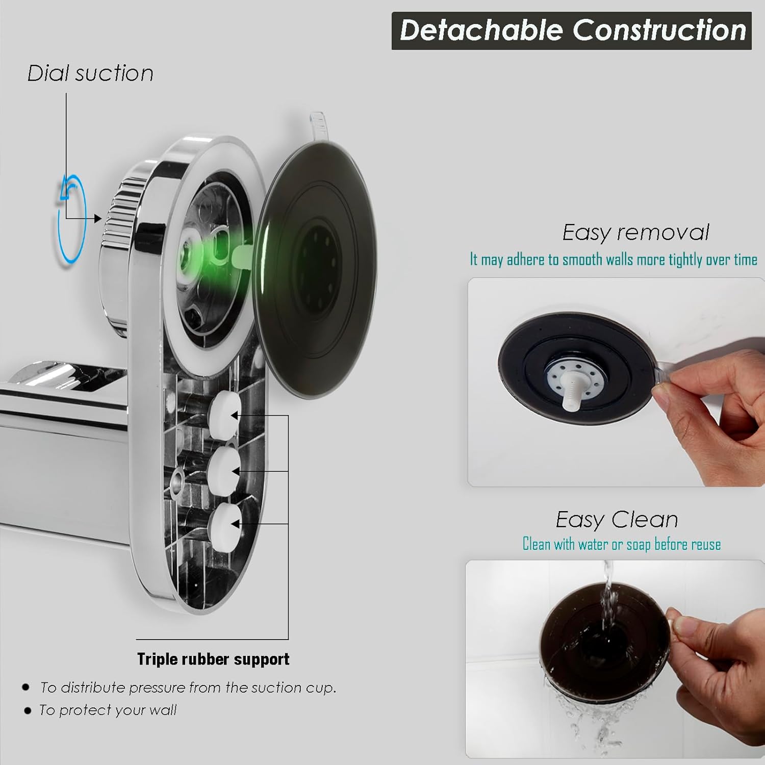 Diagram showing the detachable construction of the RIVOODS shower head holder, illustrating how to remove the suction cup by twisting the dial and how to clean it with water and soap for reuse.