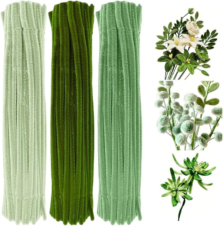 300 PCS Thick Pipe Cleaners Craft Supplies Eucalyptus Sage Green Color Chenille Stems for Wedding Christmas Art and Craft Projects Creative DIY Decorations (Green)