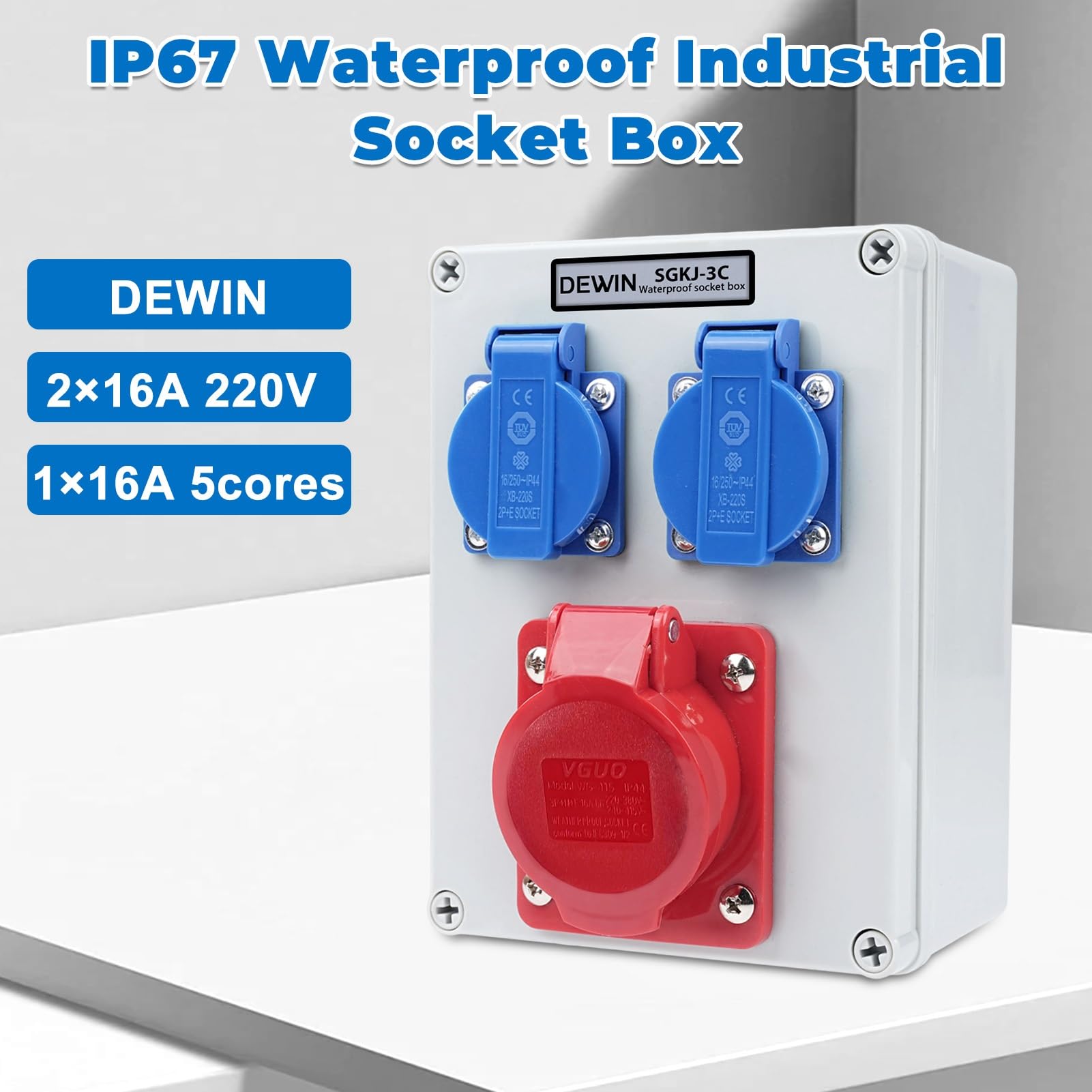 DEWIN Stromverteiler, Wandverteiler Steckdose Stromverteilerkasten 1 x 16A 5P CEE-Steckdose + 2x 230V Außenbereich Baustellenstromverteiler