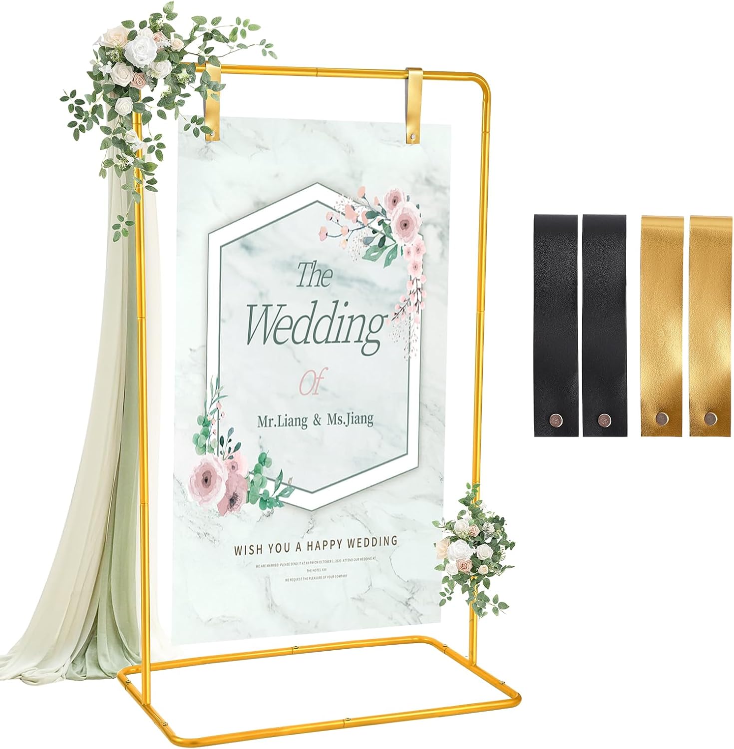 Wedding Sign Holder, 68”x31”x 20” Adjustable Welcome Sign Stand with Leather Sign Hanging Straps, Sign Rack,Heavy Duty Easel Stand for Sign, Wedding Seating Chart Stand, Easel for Halloween Display Gold