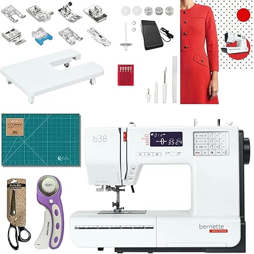 Bernette B38 Computerized Sewing Machine with LCD Display | 394 Stitch Patterns, Auto Needle Threader, LED Light, Extension Table | Presser Feet, Bobbins, Needles, Knee Lifter, Rotary Cutter & More