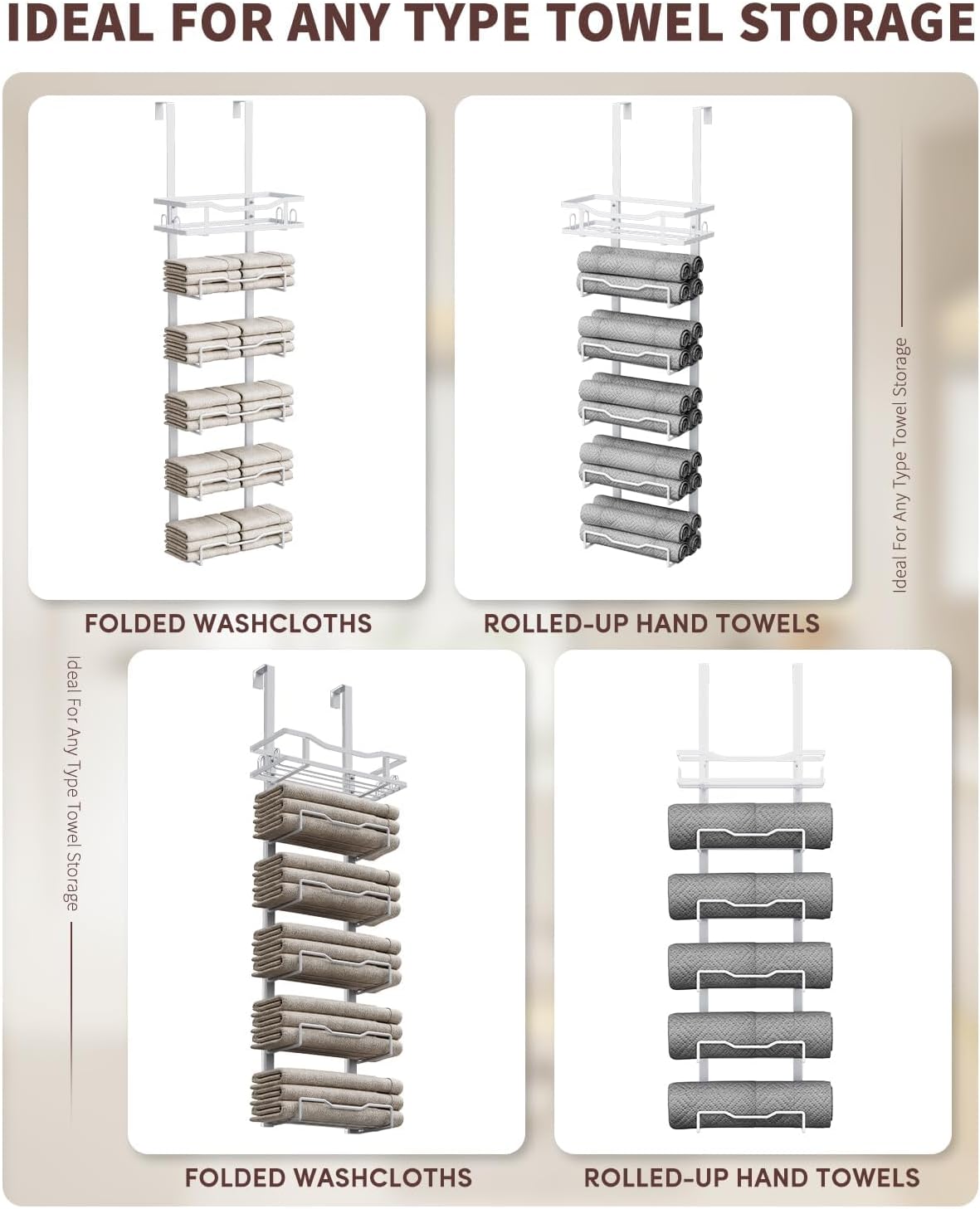 Hanging Towel Racks for Bathroom No Drill - Over The Door 6-Tier Bath Towel Storage Organizer for Small Bathrooms - Back Door Large Tiered Towel Holder Hanger for Rolled Towels RV Camper White White 6 tier