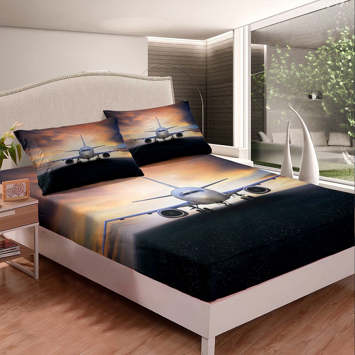 Aircraft Bedding Sheets Aircraft Runway Bed Sheet Set for Kids Boys Girls Airplane Print Bedding Fitted Sheet White Aircraft Cool Bed Cover 3Pcs King Size - Image 2