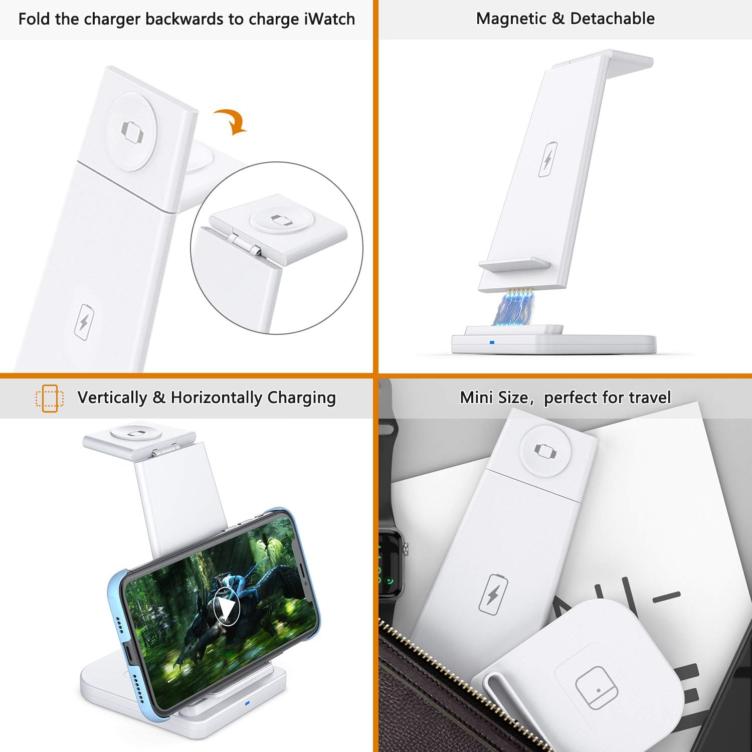 Prоduсt Dеаl 3 in 1 Wireless Charger,15W Qi Wireless Charging Stand, Magnetic Charging Base Detachable Charging Station and Dock for iPhone 12/11/X/XS Max/8 Plus, Samsung, Apple Watch, AirPods (White)