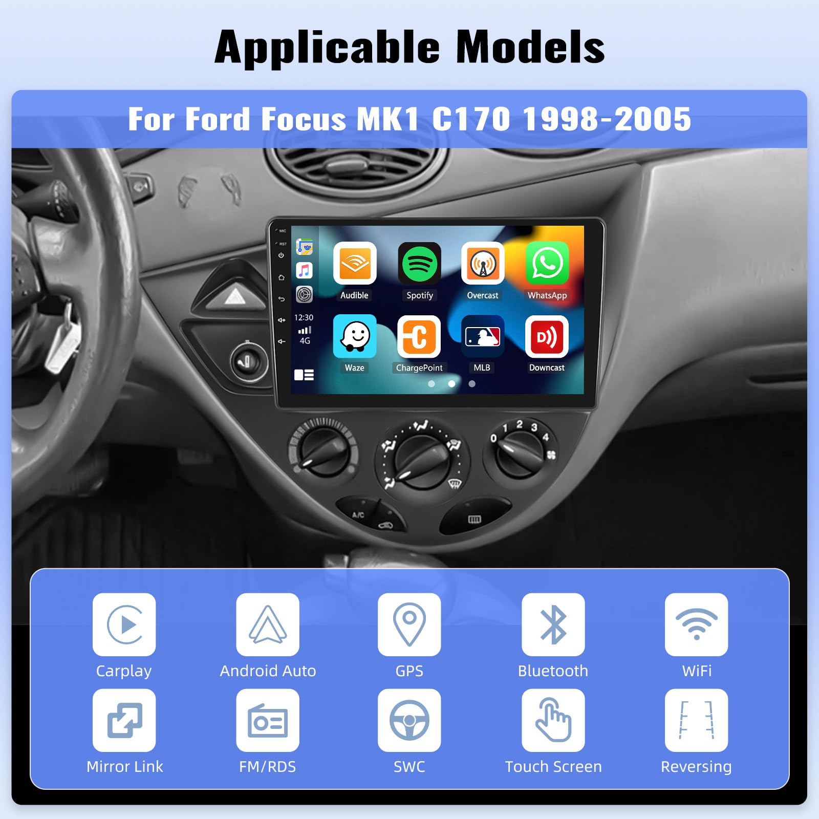 OiLiehu 4G+64G Android 13 Autoradio pour Ford Focus MK1 C170 1998-2005 avec CarPlay Android Auto sans Fil, 9 Écran Tactile Radio avec GPS WiFi Lien Miroir Bluetooth FM/RDS EQ SWC Caméra Arrière