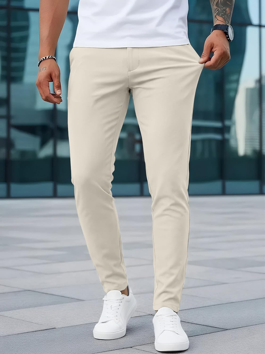 Woenzaia Men's Slim Fit Dress Pants Casual Stretchy Twill Chinos Tapered Skinny Slacks