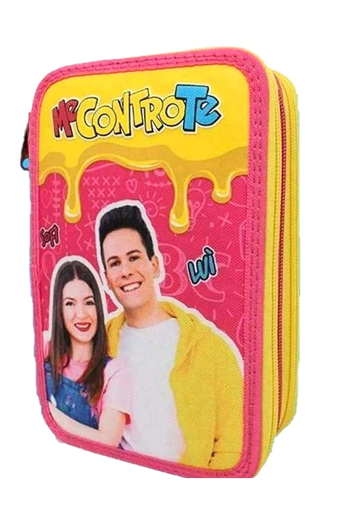 Me Contro Te Estuche de 3 cremalleras completo de color amarillo y rosa para él y para ella