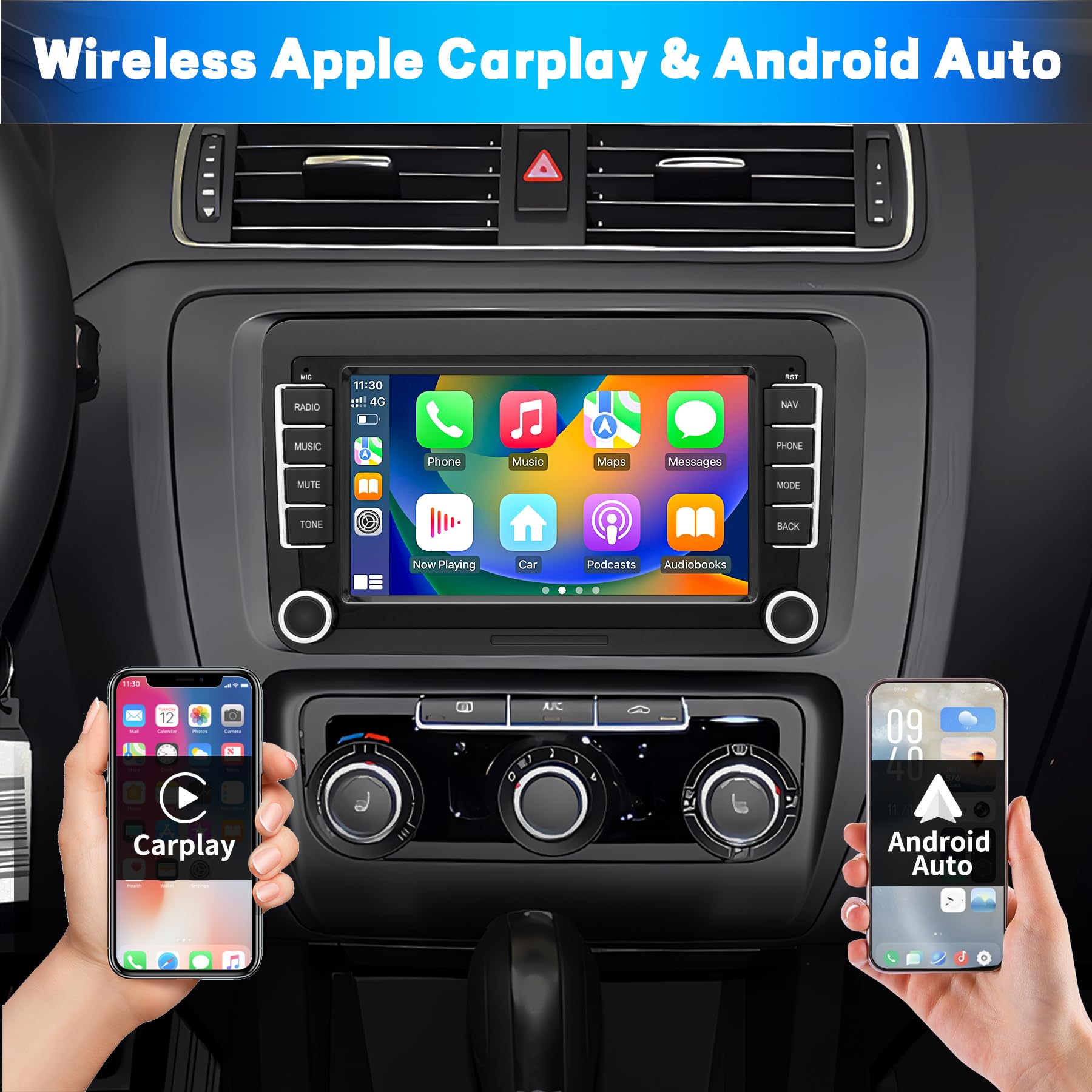 Autoradio für VW Passat Golf Polo Caddy Bettle Touran Tiguan Jetta Seat Skoda, Android 12 System 2G+64G, 7 Zoll Touchscreen Carplay Android Auto Bildschirm GPS Navi WiFi Bluetooth FM RDS Radio