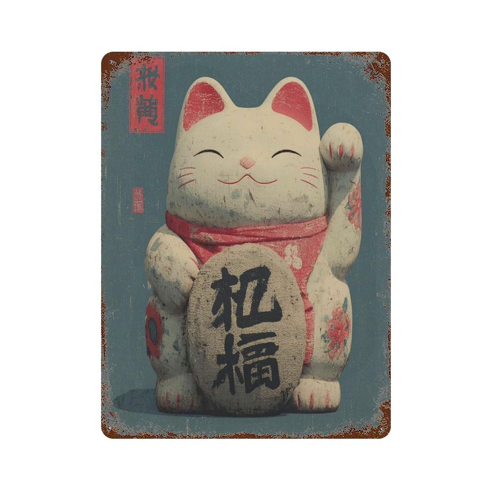 xiaoxiaoshen Lucky Cat Japanese Maneki Neko – Distressed Asian Good Luck & Fortune Wall Decor Art Metal Tin Poster Modern Home Decor Art Home Bar Shop Decorations Vintage Sign 40x30cm