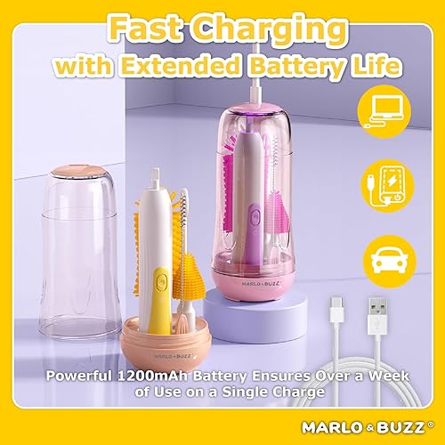 Miniatura 4 de Marlo & Buzz Juego de limpiador eléctrico de cepillos para biberones, cepillos de silicona impermeables recargables con cepillo para biberón grande,