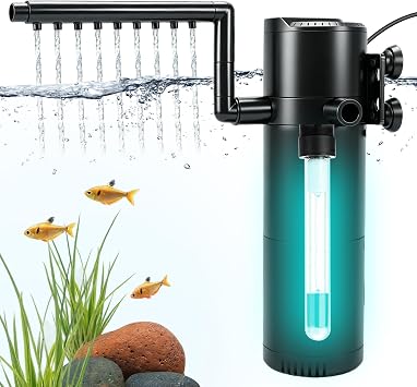 Fish Tank Filter,500L/H,Turns Green Water to Clear,50-150L Tanks | with Timer&UV Light,Oxygen,Wavemaker,Sterilization&Dechlorination Quiet Submersible Filter for Freshwater & Saltwater
