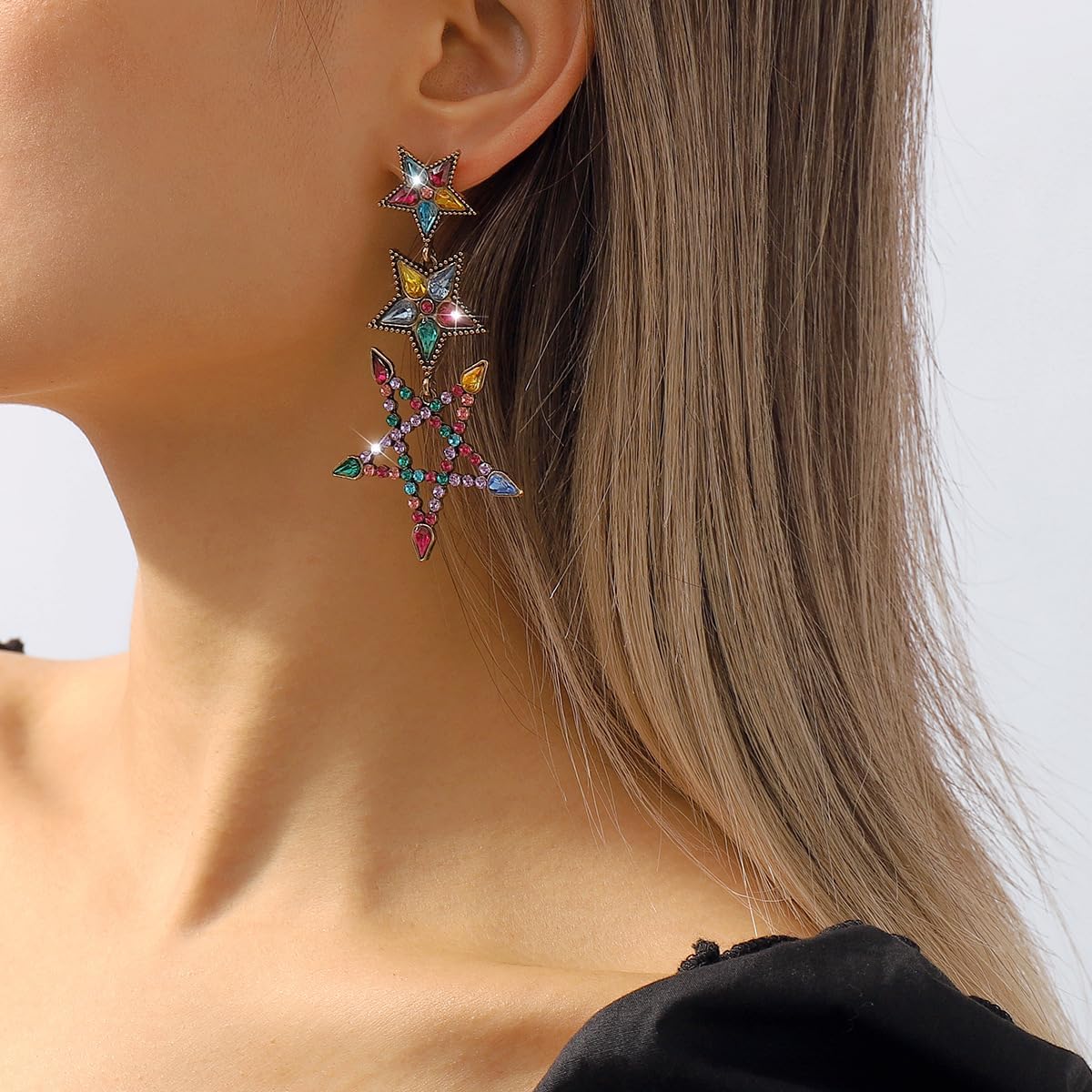 YERTTER Vintage Long Colorful Hollow Star Tassel Earrings Ab Color Rhinestone Dangle Drop Earrings Women Statement Fringe Earrings for Wedding Women Brides - Image 2