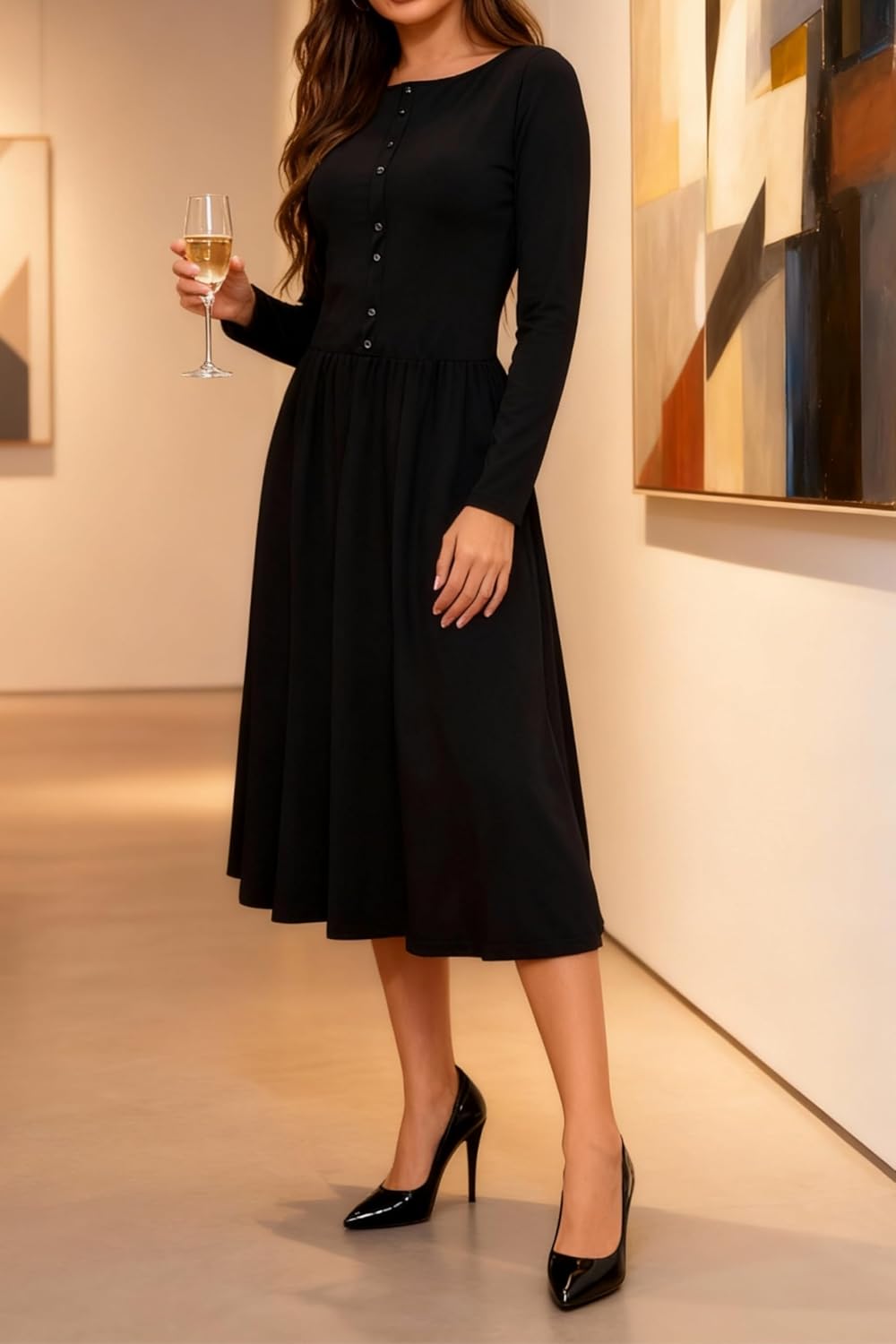 Women's 2026 Spring Long Sleeve Knit Button A Line Swing Flare Dress with Pockets - Image 2