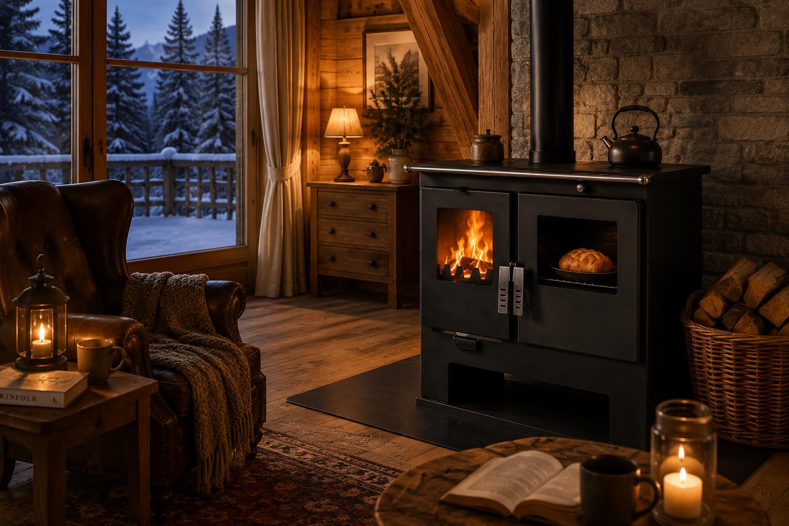 Verso CS Stufa a legna con forno 7,7 kW, 82,2% di alta efficienza, corpo in acciaio robusto, piano cottura in metallo e forno con termometro, riscaldamento per camino per 135-165 m³, scarico fumo da