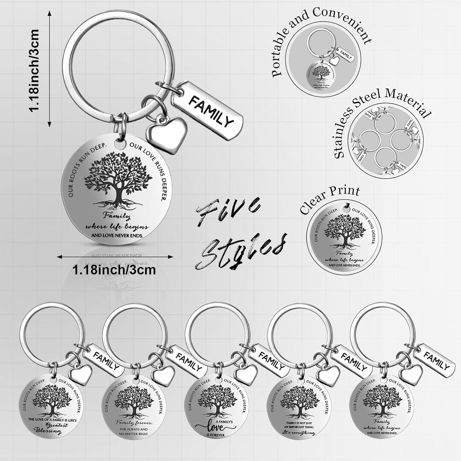 Sureio 50 Pcs Family Reunion Gifts Family Tree Keychain with Heart and Charm Favors, 5 Styles