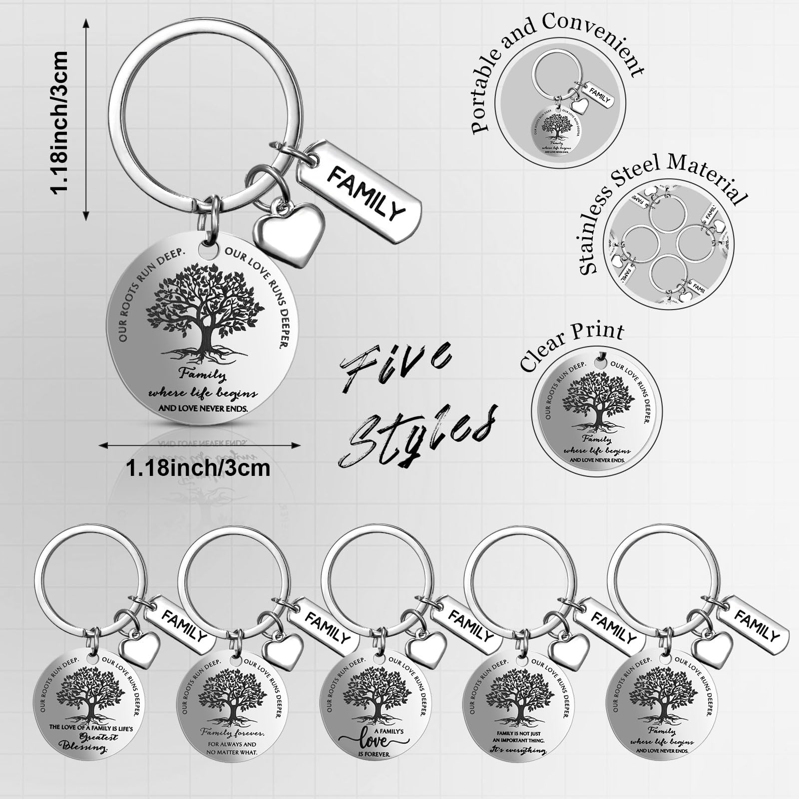 Sureio 30 portachiavi con albero genealogico con cuore e ciondoli, 5 stili