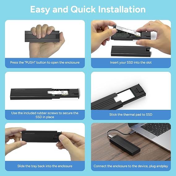 M.2 NVME SATA SSD Enclosure, Tool Free USB 3.2 Gen 2 10Gbps NVME to USB Adapter, Support M and B & M Key External Solid State Drive Case Size 2242/2260/2280 up to 8TB