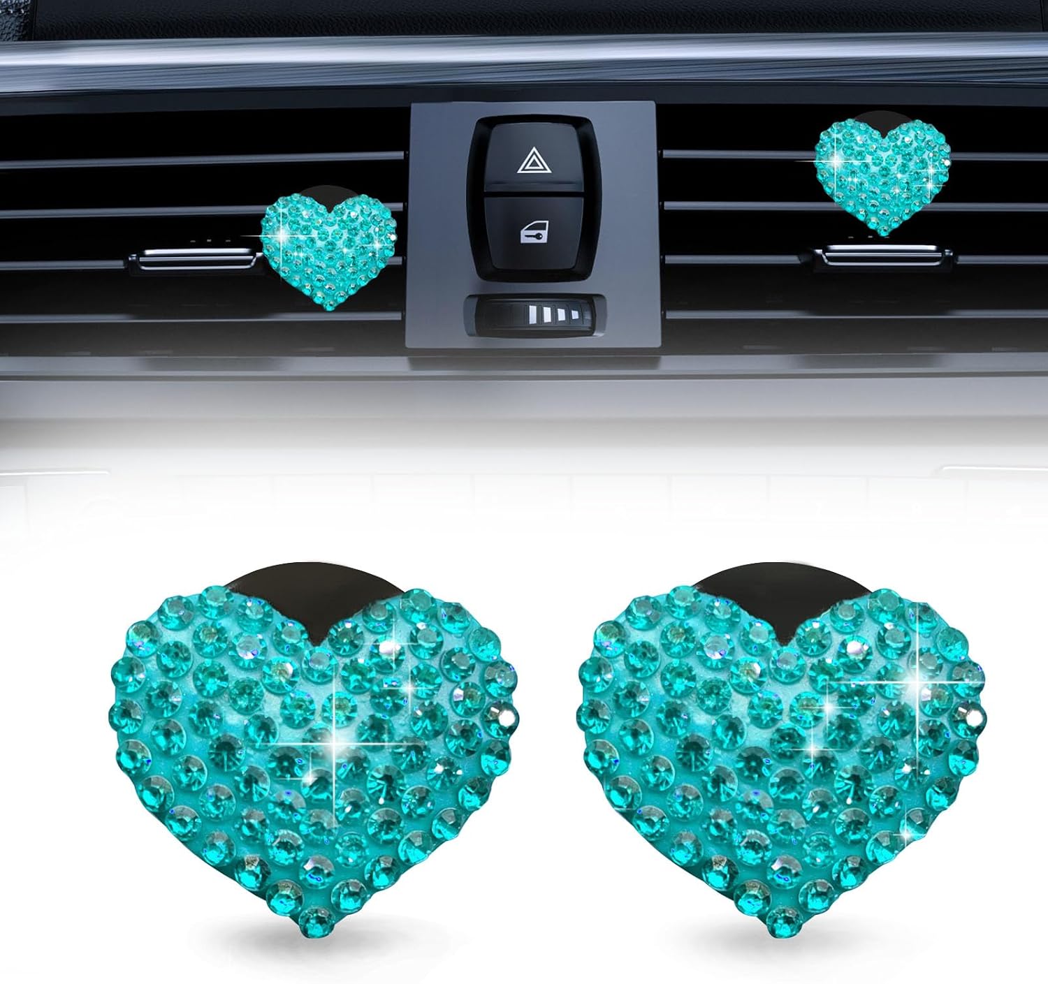 2Pcs Car Air Vent Clip, Bling Crystal Heart Charms Car Air Vent Clips, Air Conditioning Outlet Clip Decorative, Interior Decoration Accessories Universal for Women and Man (blue)