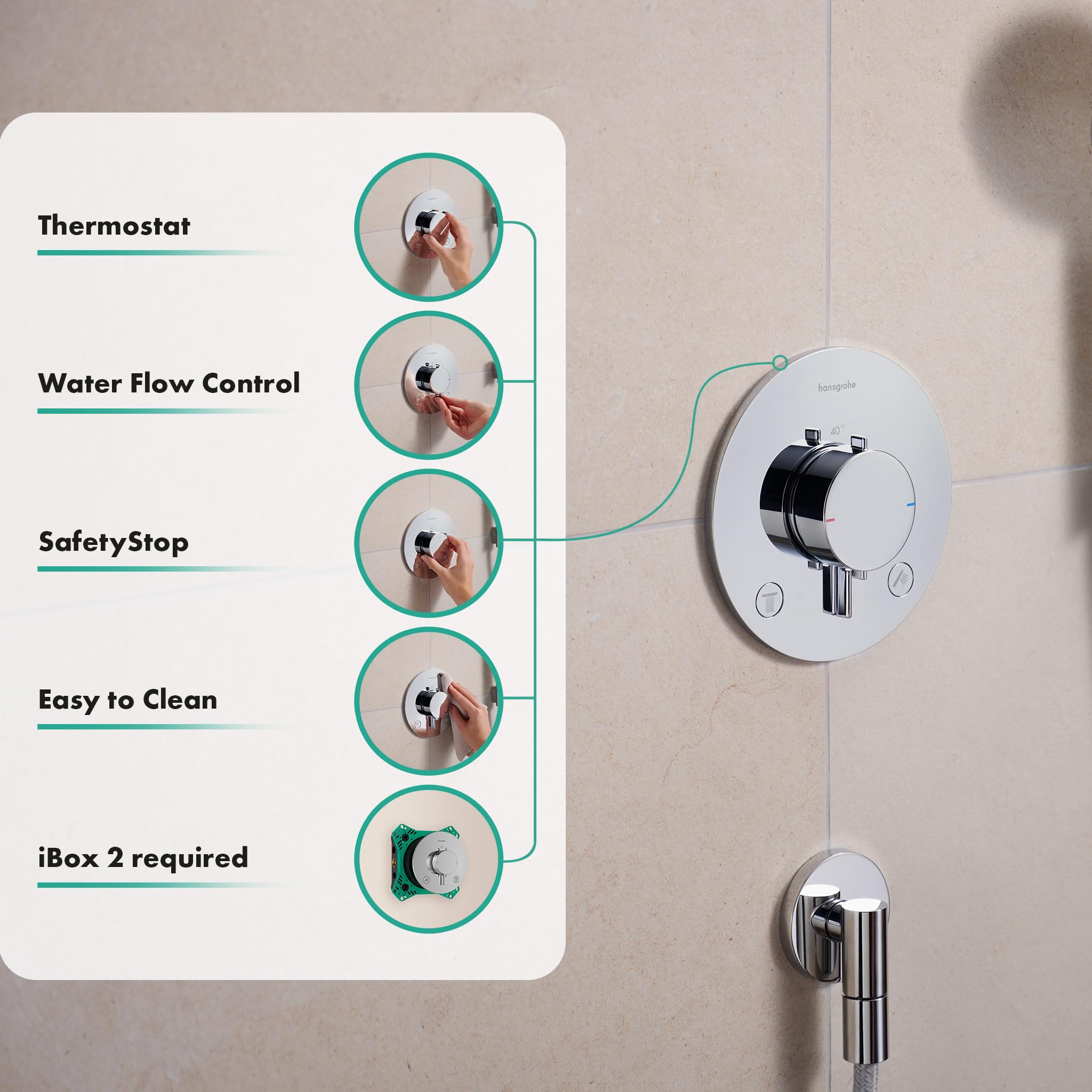 hansgrohe Ecostat Comfort S - Miscelatore termostatico incasso, Rubinetto termostatico con blocco di sicurezza (SafetyStop) a 40° C, Termostato rotondo, 2 utenze, cromo, 33715000