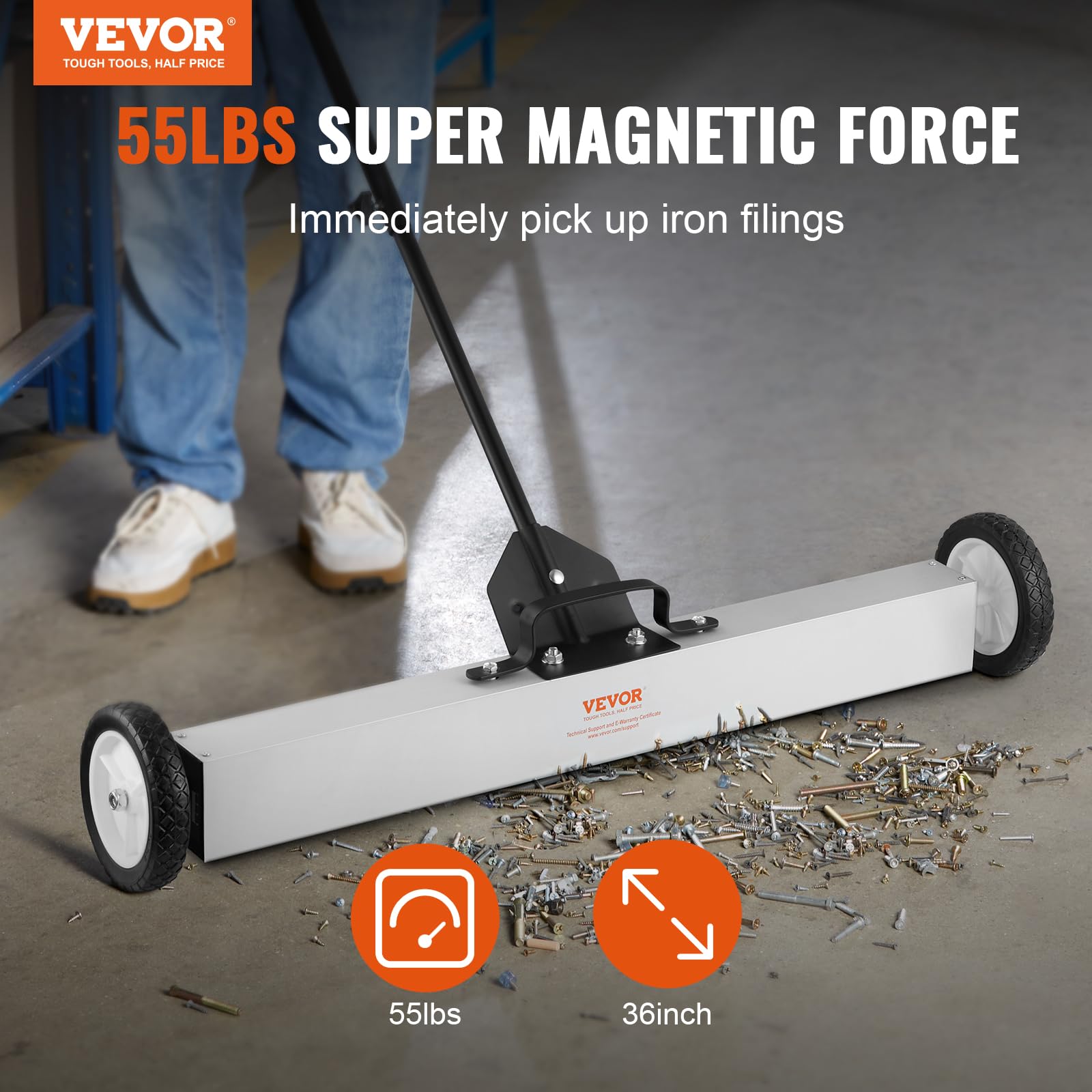 VEVOR Spazzatrice Magnetica Asta Telescopica 77-113cm per Pavimenti Raccoglitore per Piccole Parti Metalliche Forza Magnetica Max. 24,9kg, Scopa Magnetica con Ruote di Raccolta per Chiodi Viti Metalli