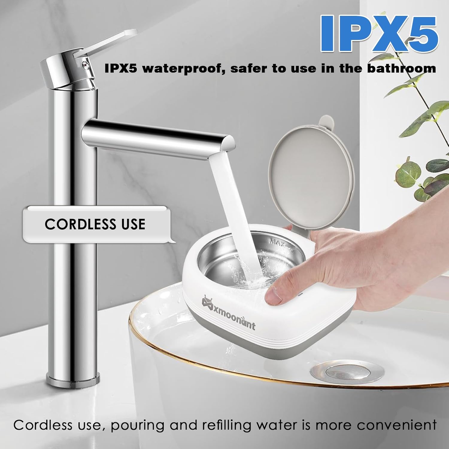 Mxmoonant cleaner being filled with water from a faucet, demonstrating its cordless use and IPX5 waterproof rating.
