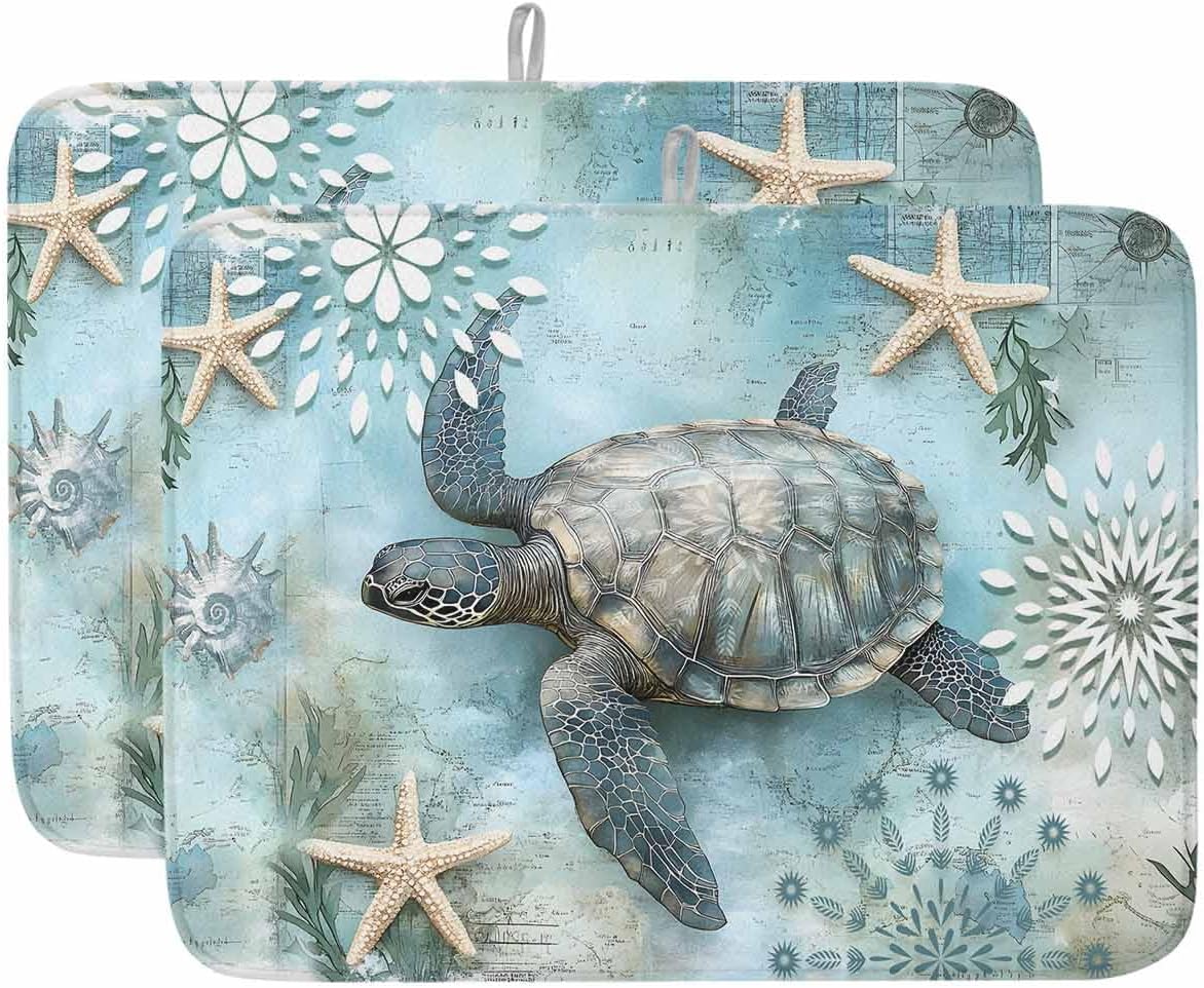 Dish Drying Mat for Kitchen, Sea Turtle Marine Organism Coral Starfish Absorbent Dish Drying Pad, Kitchen Counter Mat for Dishes Utensils Camping, 18"x24"(2 Pcs)