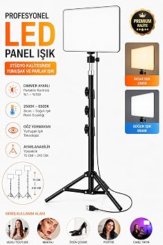 LED Video Işık Seti - Ayarlanabilir Tripod, USB Kontrollü Sıcak/Soğuk Işık, 3 Mod & 10 Parlaklık Seviyesi, YouTube Çekimi, Canlı Yayın, Fotoğrafçılık ve Makyaj Işığı