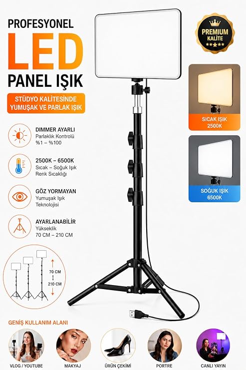 LED Video Işık Seti - Ayarlanabilir Tripod, USB Kontrollü Sıcak/Soğuk Işık, 3 Mod & 10 Parlaklık Seviyesi, YouTube Çekimi, Canlı Yayın, Fotoğrafçılık ve Makyaj Işığı