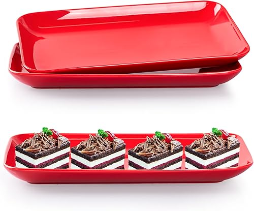 DELLING Paquete de 3 bandejas rectangulares para servir y bandejas, platos de aperitivo/ensalada/postre de 12 pulgadas, entretenimiento, fiesta, Rojo