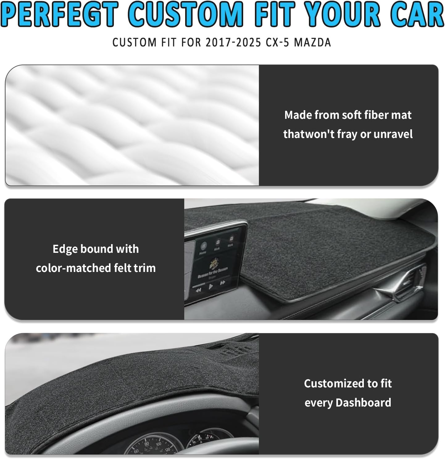 Dash Cover for Mazda CX5 2017-2022 2023 2024 2025, Dashboard Cover Mat for CX-5 Mazda Accessories Nonslip Sunshade Protector No Glare, Black