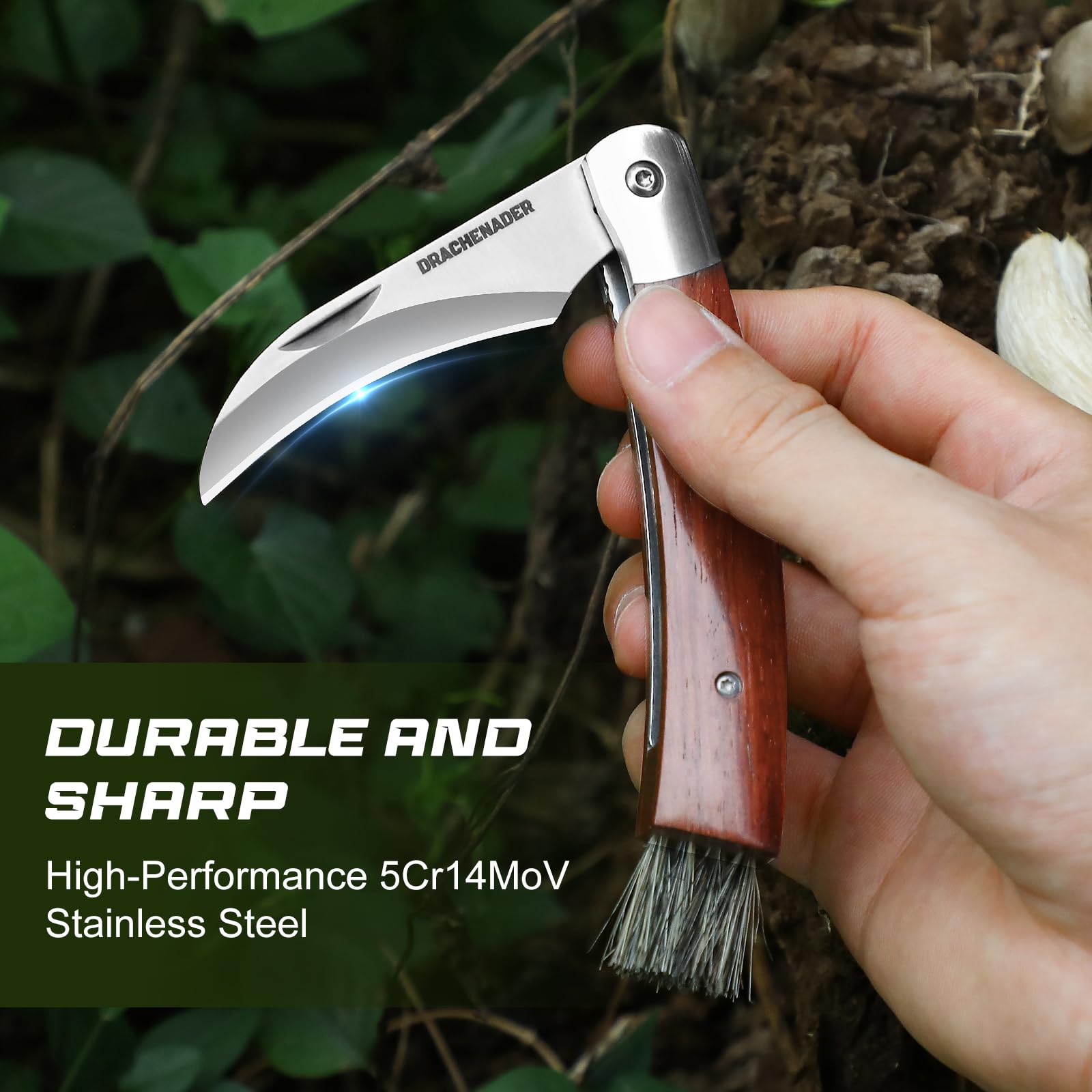 DRACHENADER Couteau Champignon, Panier Champignon – Couteau à Champignons avec Brosse Intégrée, Sac à Champignons Pliable et Respirant avec Filet, Bandoulière Réglable