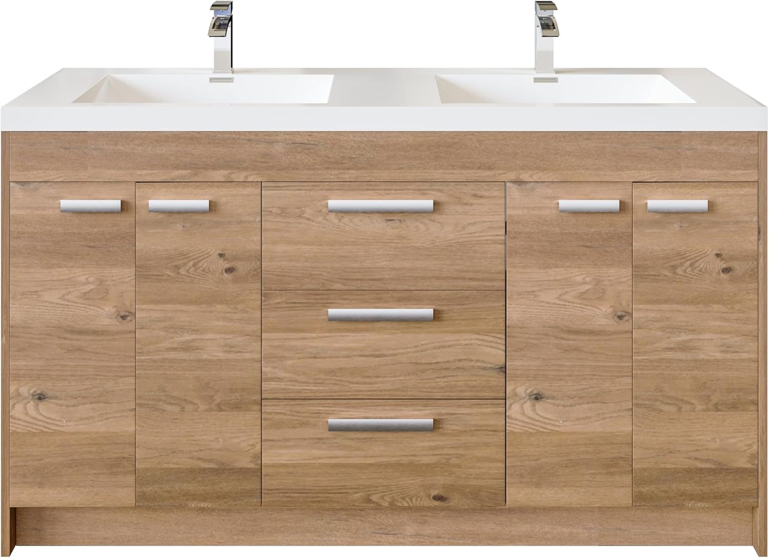 Eviva Lugano 60 in. Natural Oak Double Sink Bath Vanity with Acrylic Top and Integrated Sinks