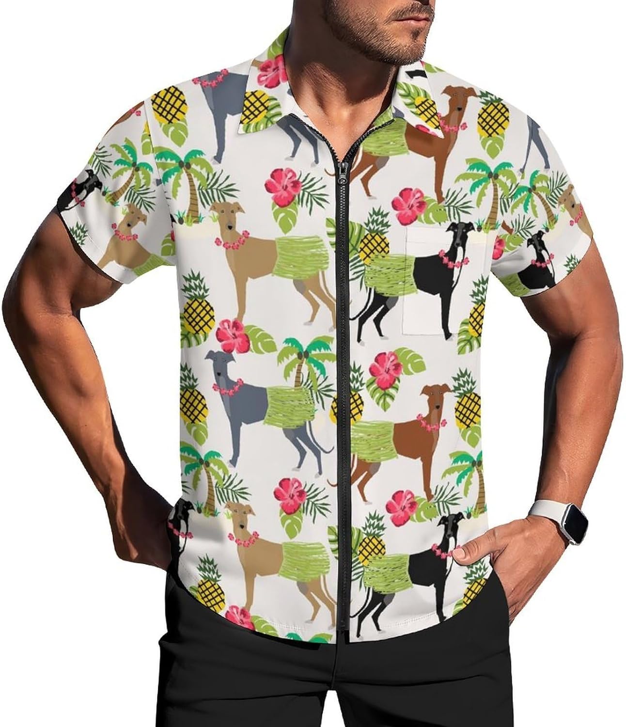 Tropical Palm Tree Hula Dancer Dog Greyhound Pattern Men's Short Sleeve Shirt Zip-Up Golf Polo Shirts with Pocket
