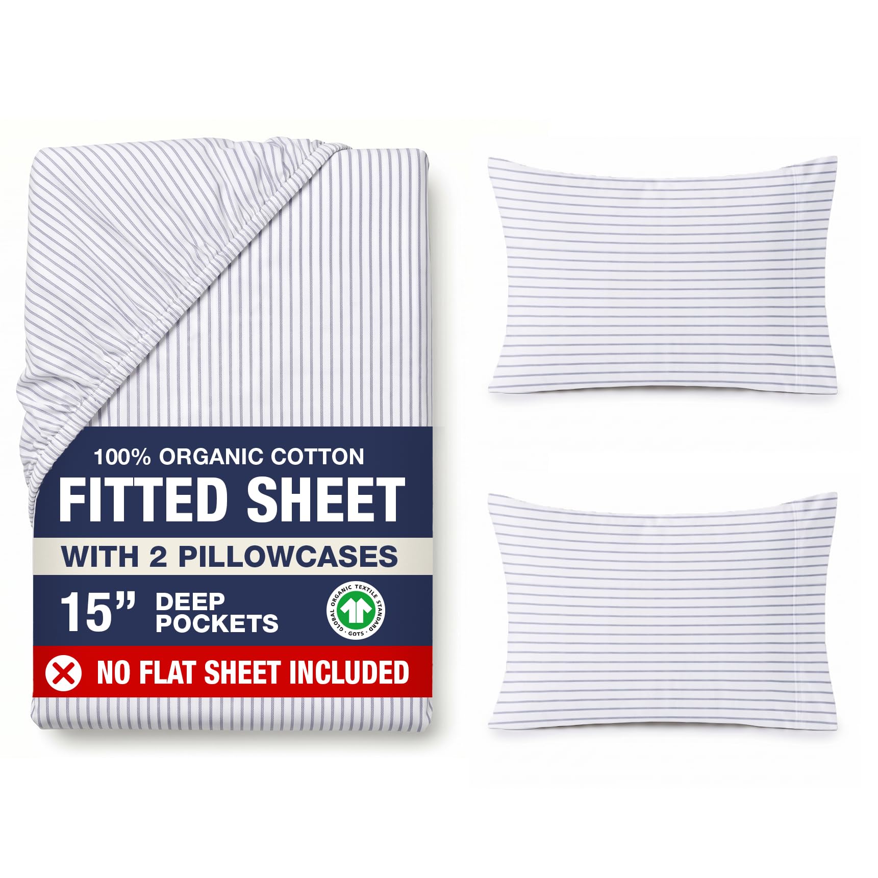 LANE LINEN King Fitted Sheet – Organic Cotton, Soft & Lightweight, 35cm Extra Deep Pocket with 2 Pillowcases, Snug Fit Bottom Sheet - Ticking Stripe Blue