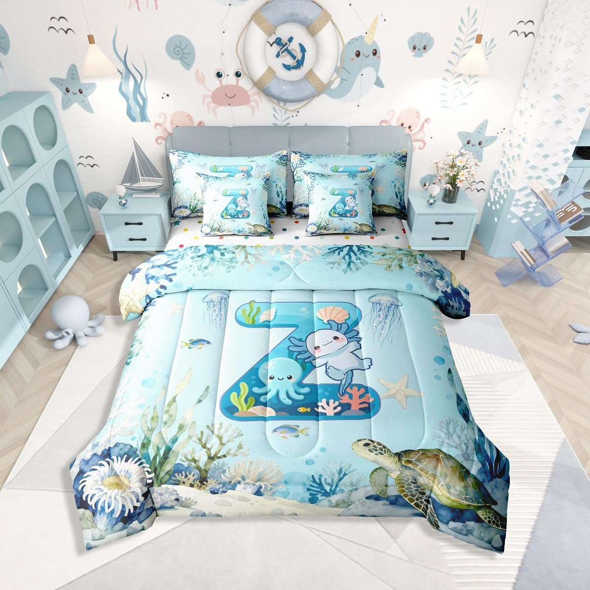 Erosebridal Cute Blue Axolotl Bedding Set 7 Piece Cartoon Letter Axolotl Full Comforter Set for Kids Boys Girls Personalized Initial Z Bed in A Bag with Sheets Underwater World Ocean Animal Bed Set