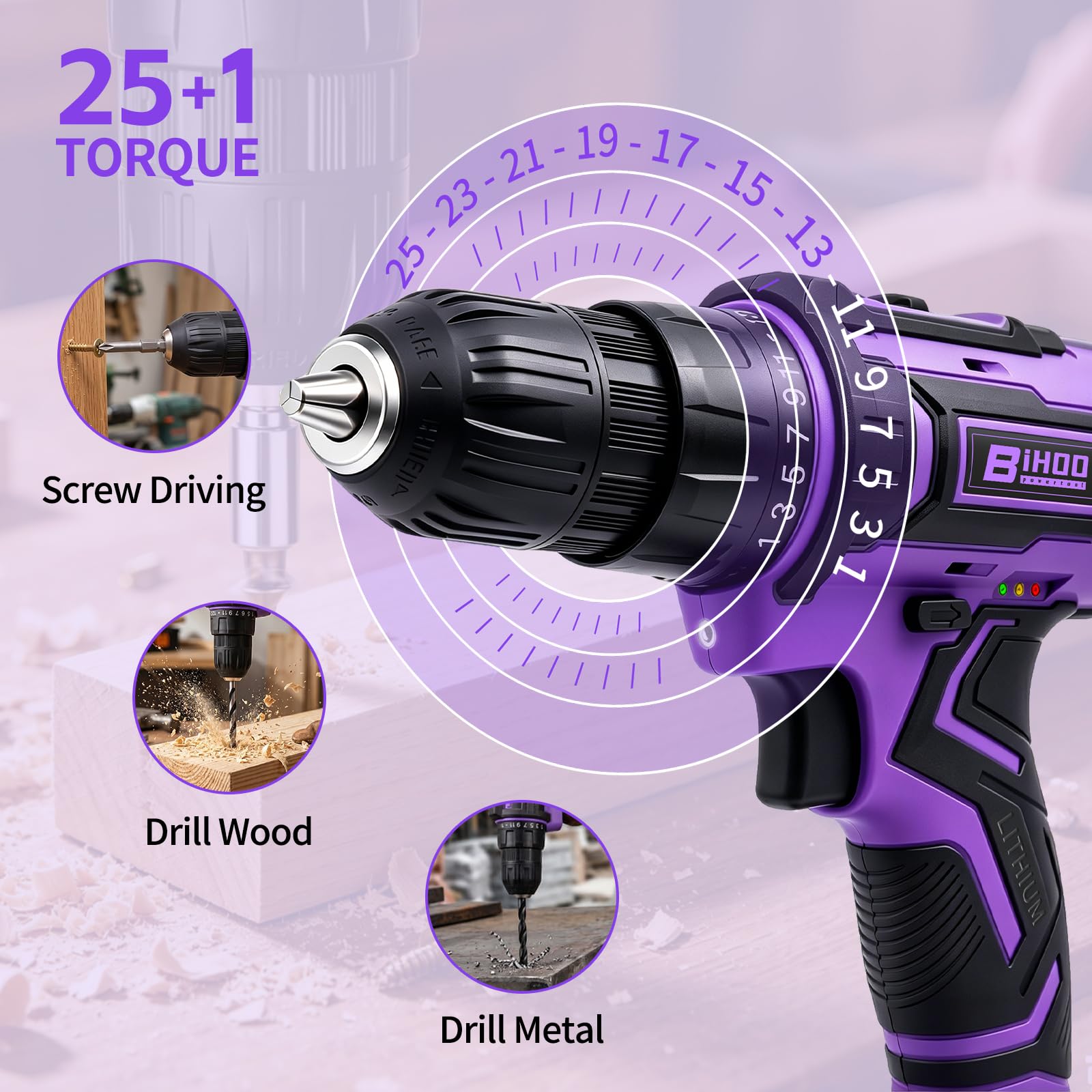 Set di trapano senza fili viola, trapano avvitatore da 20 V con batteria e caricabatterie, mandrino senza chiave da 3/8 pollici, velocità variabile, con set di punte per trapano