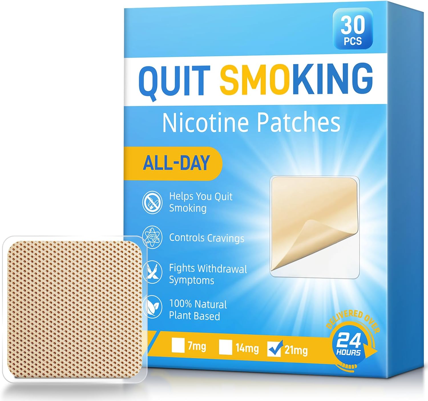 21 mg Quit Smoking Patches, 5×7 cm Size, 30 Count. Simple Anti-Stickers for Smoking Cessation Support.
