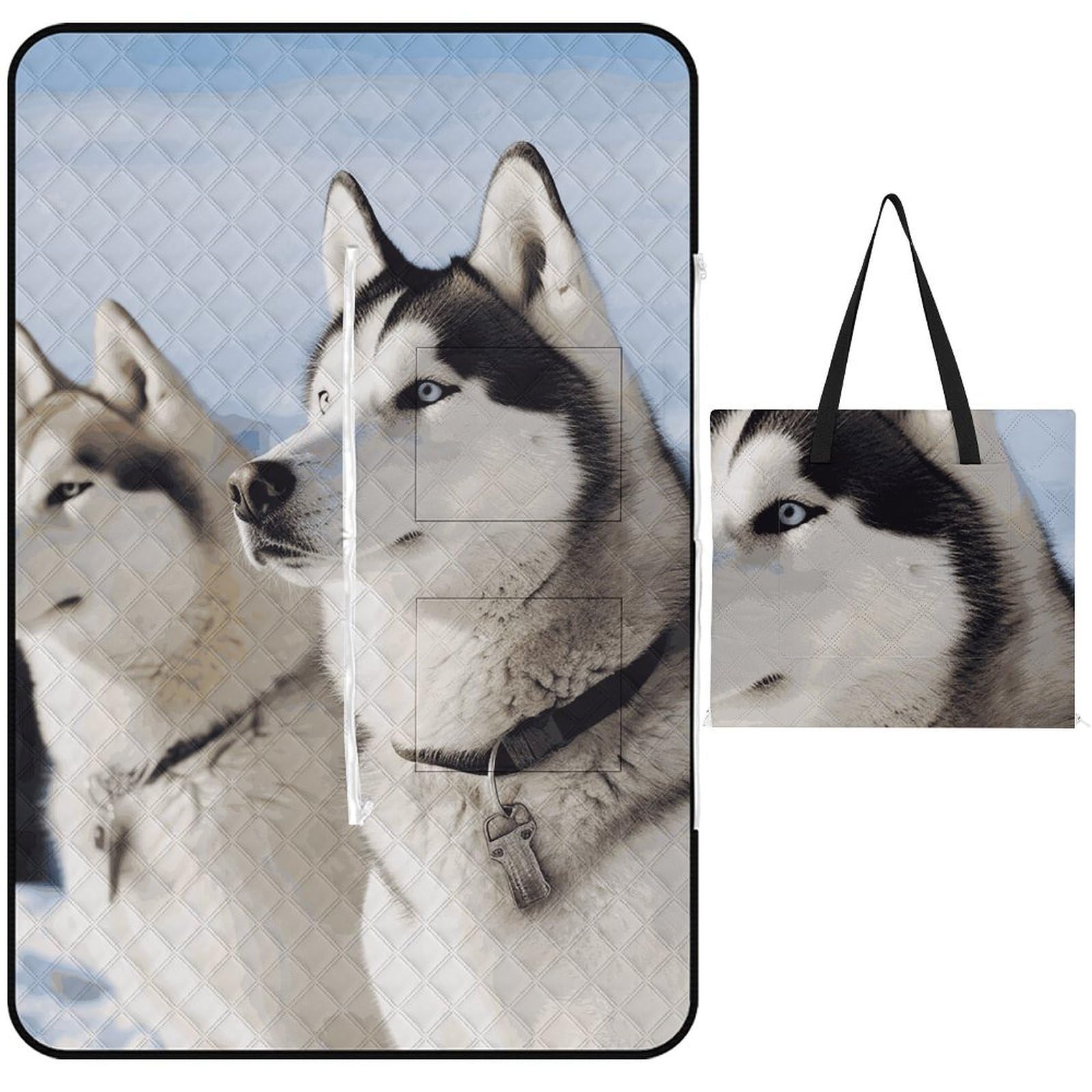 Couverture avec fermeture éclair pliable motif husky pour pique-nique et plage