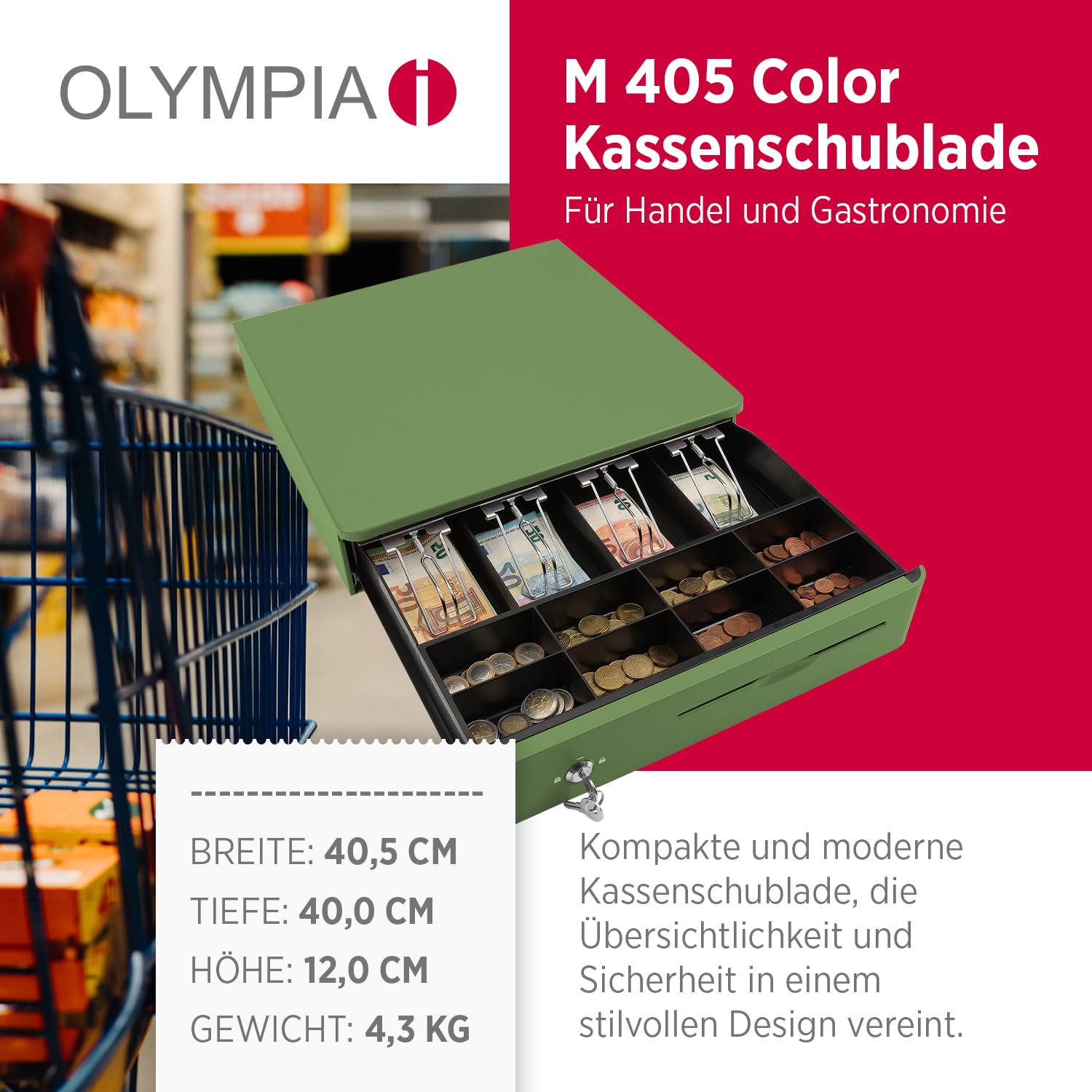 OLYMPIA M 405 Vert | Tiroir caisse avec 8 compartiments pour pièces et 4 compartiments à billets | Tiroir-caisse robuste en métal | Caisse enregistrable à commande électrique avec serrure et