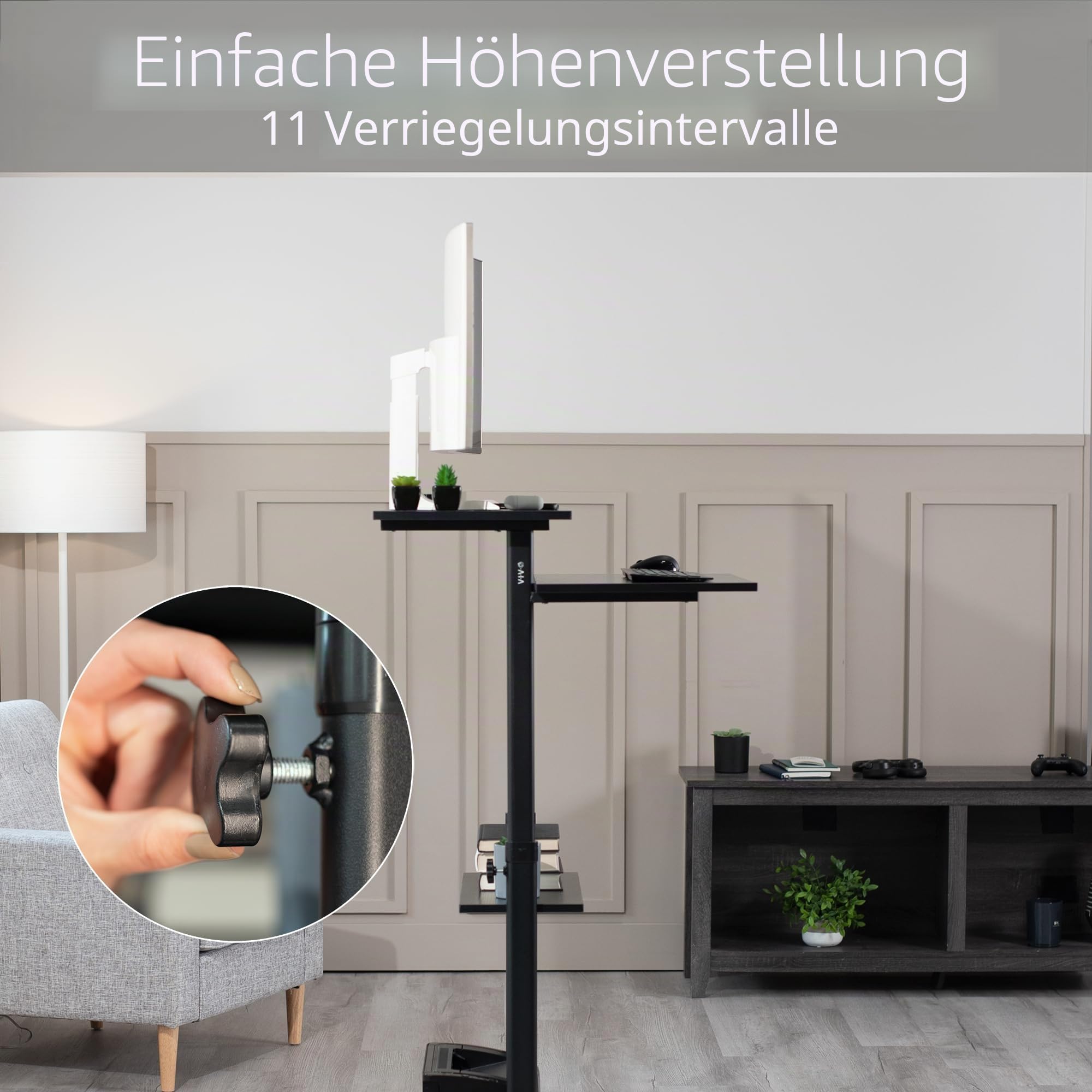 VIVO Mobiler höhenverstellbarer Tisch, Stehpult mit Stauraum, Computerarbeitsplatz, rollender Präsentationswagen, schwarz, CART-V02D