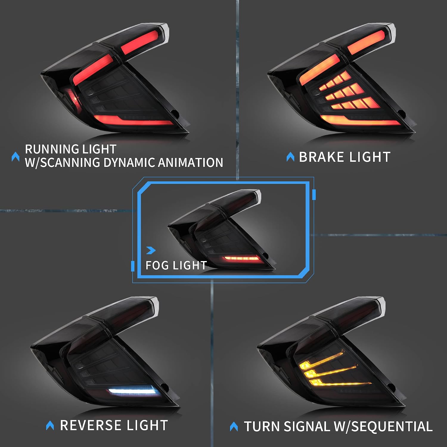 VLAND Led Tail Lights Compatible with 10th Gen Honda Civic Hatchback 2018-2021 (NOT For Coupe) w/Dynaic Animation w/Sequential Turn Signal, Smoked/Tinted, Driver & Passenger Sides