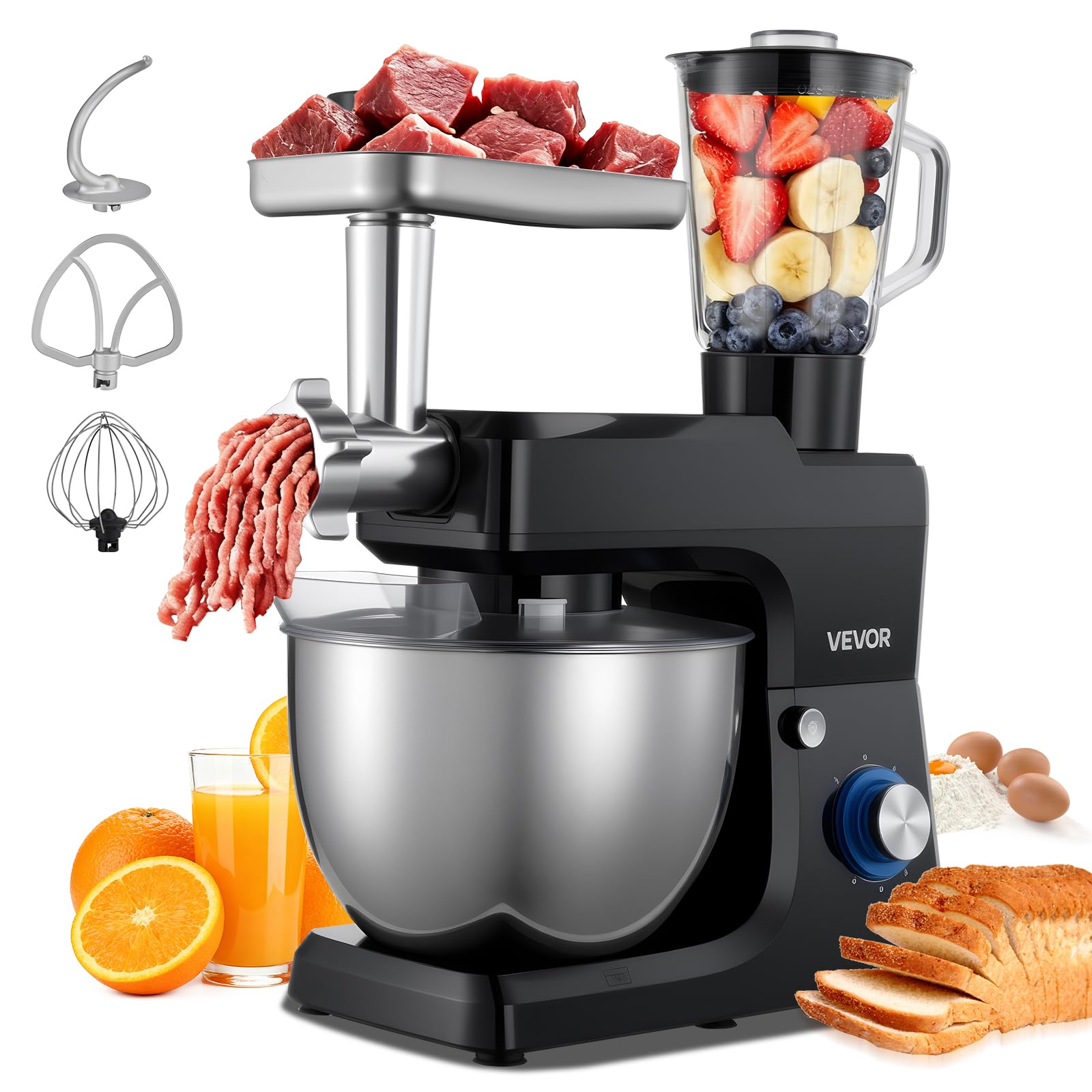 VEVOR multifunktionale Küchenmaschine elektrisch 1500 W mit Edelstahlschüssel (7,8 L) & Mixbecher (1,5 L), Knetmaschine Teigmixer mit 6+P Geschwindigkeiten & Knethaken & Schneebesen & Rührbesen
