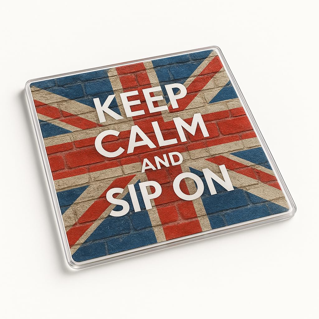 The Plum Penguin Sip On Heritage Unique Acrylic Coaster Gift - Rustic Union Jack Design With Vintage Bricks And 'Keep Calm And Sip On' Phrase