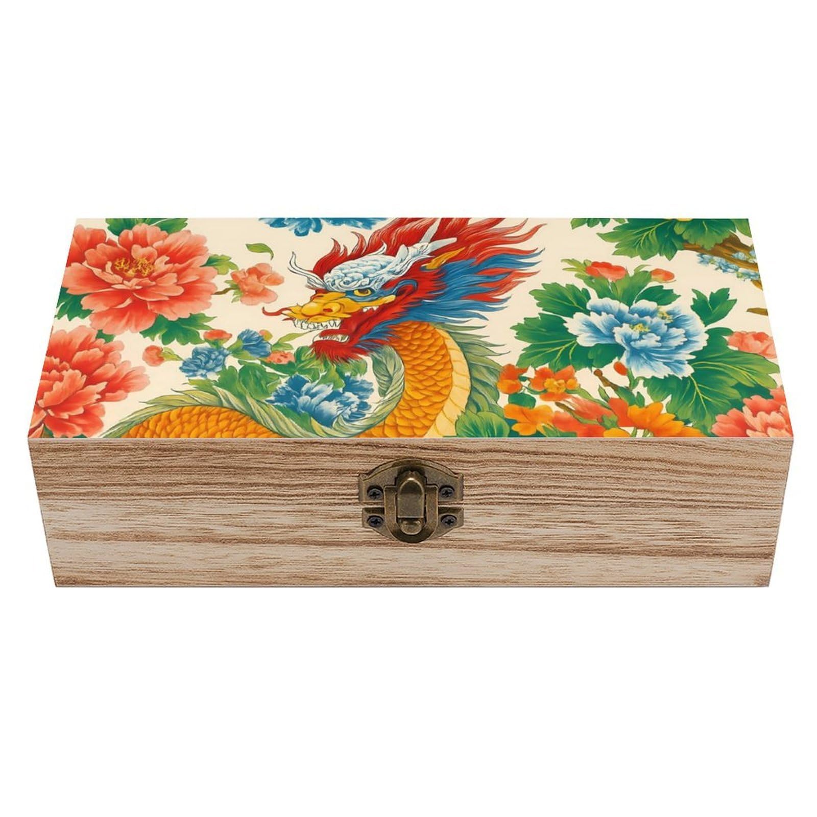 HLBSDM Chinoiserie Golden Dragon & Gorgeous Peonies Retro Wooden Storage Box Jewelry Art Gift Boxs Decorative Keepsake Boxes