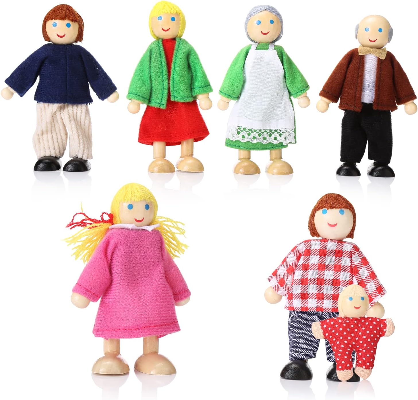 Jzszera Wooden Dollhouse People Set of 7 Mini Dolls for Pretend Play
