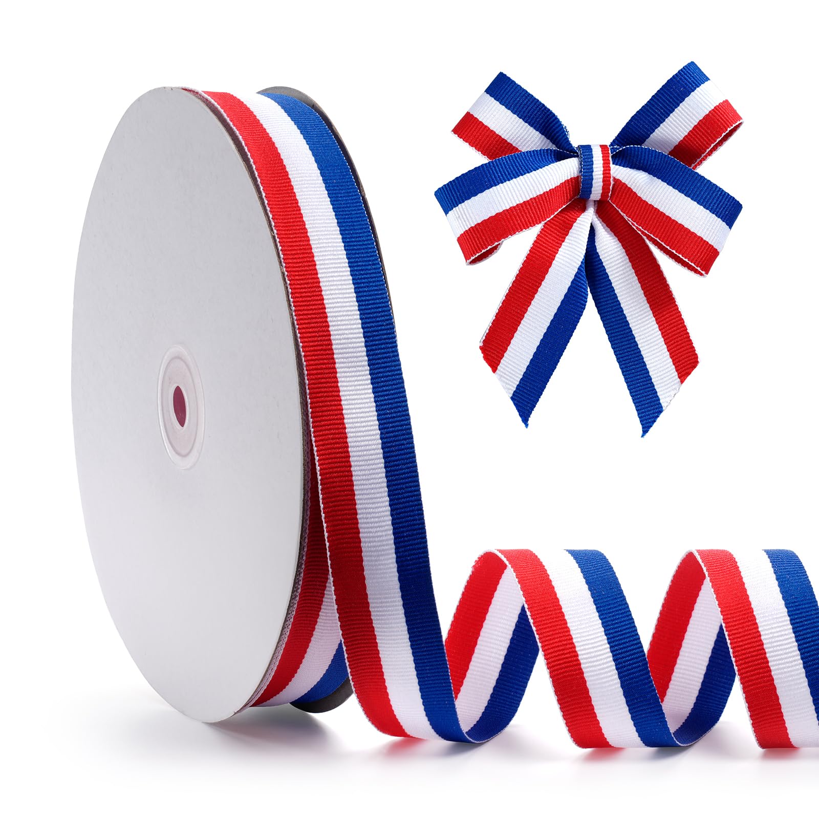 FAKILO Red White Blue Striped Grosgrain Ribbon,1" x 50yds Double-Sided Striped Patriotic Ribbon，for American Handicrafts, Cheerleading Decorations, Independence Day, President's Day, Labor Day