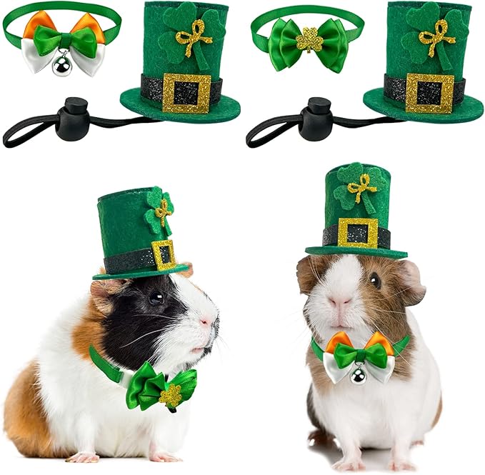 Vehomy Small Pet St Patrick's Day Outfit for Bunny Guinea Pig Kitten Puppy Saint Patrick's Day Rabbit Hat Bunny Irish Hat with Shamrock Décor Guinea Pig Irish Bow Collar for Bunny Chinchilla 4Pcs S