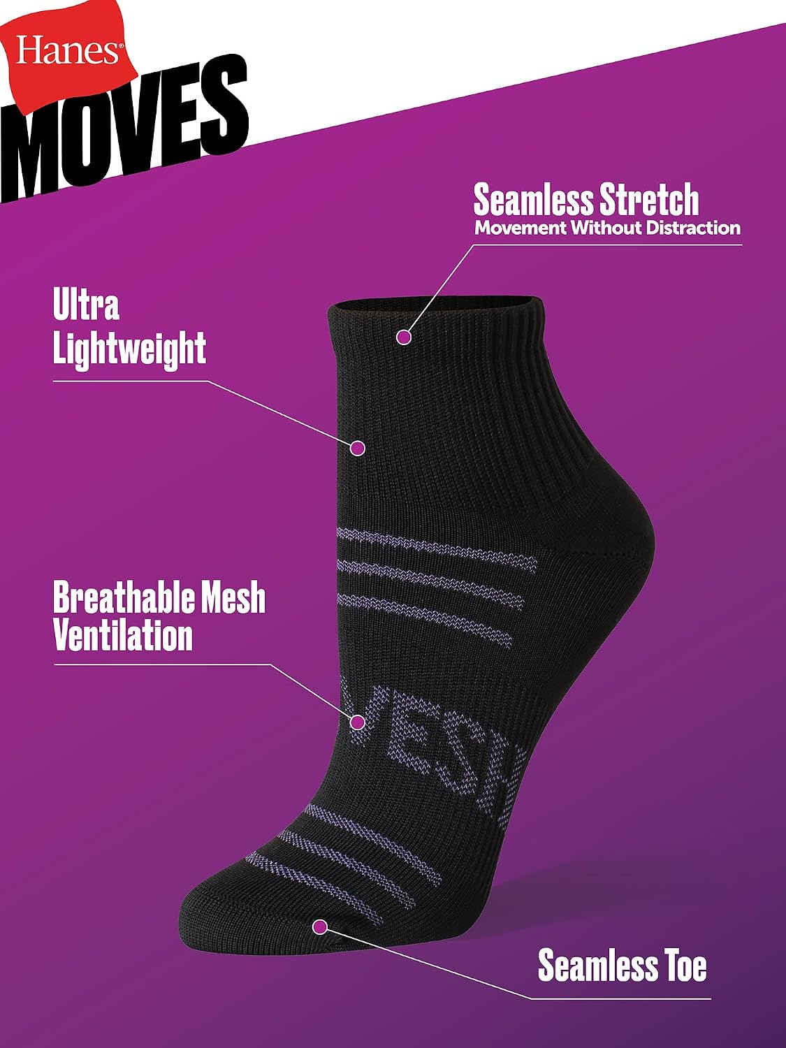 Hanes Women's Ankle Socks, 4 Pairs, Moves Seamless Stretch, Compression Arch, Stays Put, Seamless Toe